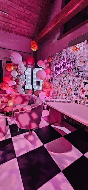 Pink birthday party with a balloon wall for a 16th